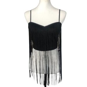 Filtre Black Fringe Western Cowgirl Boho Strappy Sexy Festival Zip Crop Top S